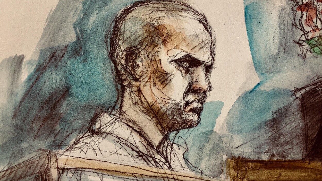 Dessin de cour de l'accusé au regard impassible.