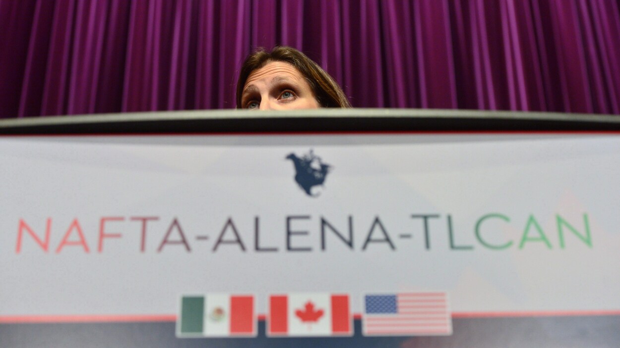 La tête de la ministre des Affaires étrangères, Chrystia Freeland, derrière un lutrin où on peut lire NAFTA-ALENA-TLCAN. La tête de la ministre des Affaires étrangères, Chrystia Freeland, derrière un lutrin où on peut lire NAFTA-ALENA-TLCAN.