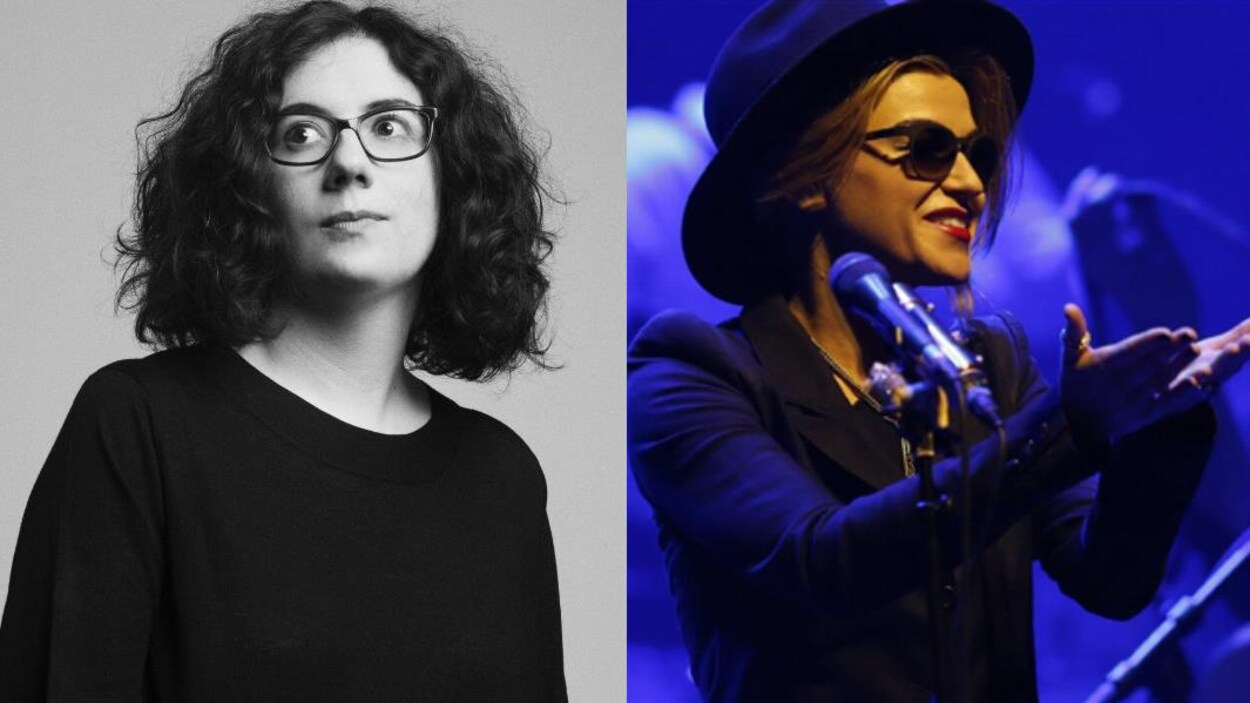 Portrait en noir et blanc d'Alexandra Stréliski et photo de Melody Gardot chantant sur scène.