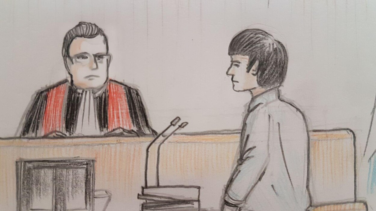 Une illustration d'Alexandre Bissonnette et du juge lors des procédures le 26 mars 2018