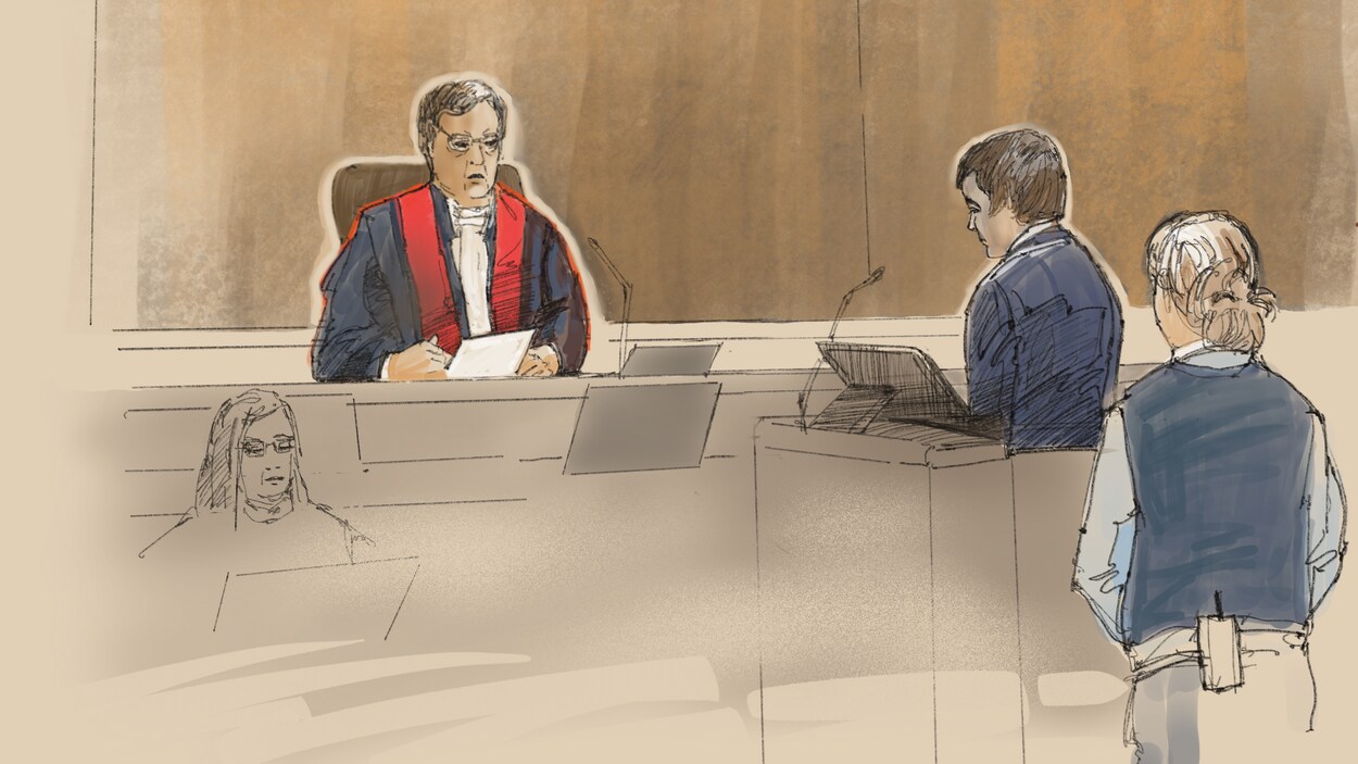 Dessin : Alexandre Bissonnette écoute le jugement du Juge François Huot.