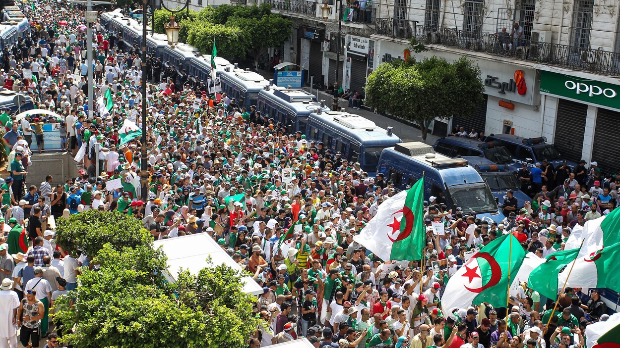 Une foule de manifestants dans une rue d'Alger encadrée par une file de camionnettes de police.