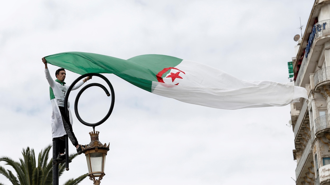 Un manifestant brandit le drapeau national algérien lors d'une manifestation à Alger.