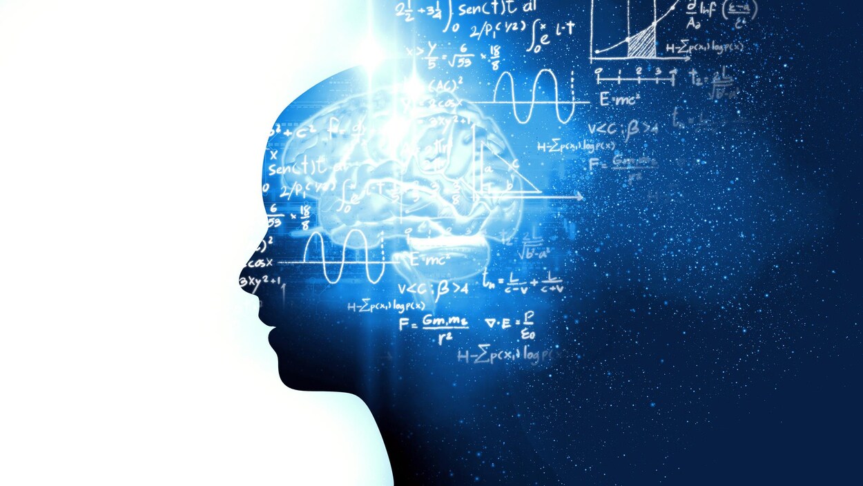 Une image montrant une silhouette de profil accompagnée de la représentation d'un cerveau et d'équations mathématiques complexes.