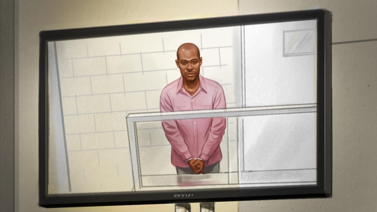 Dessin illustrant un homme noir menotté sur un écran lors d'un témoignage au tribunal