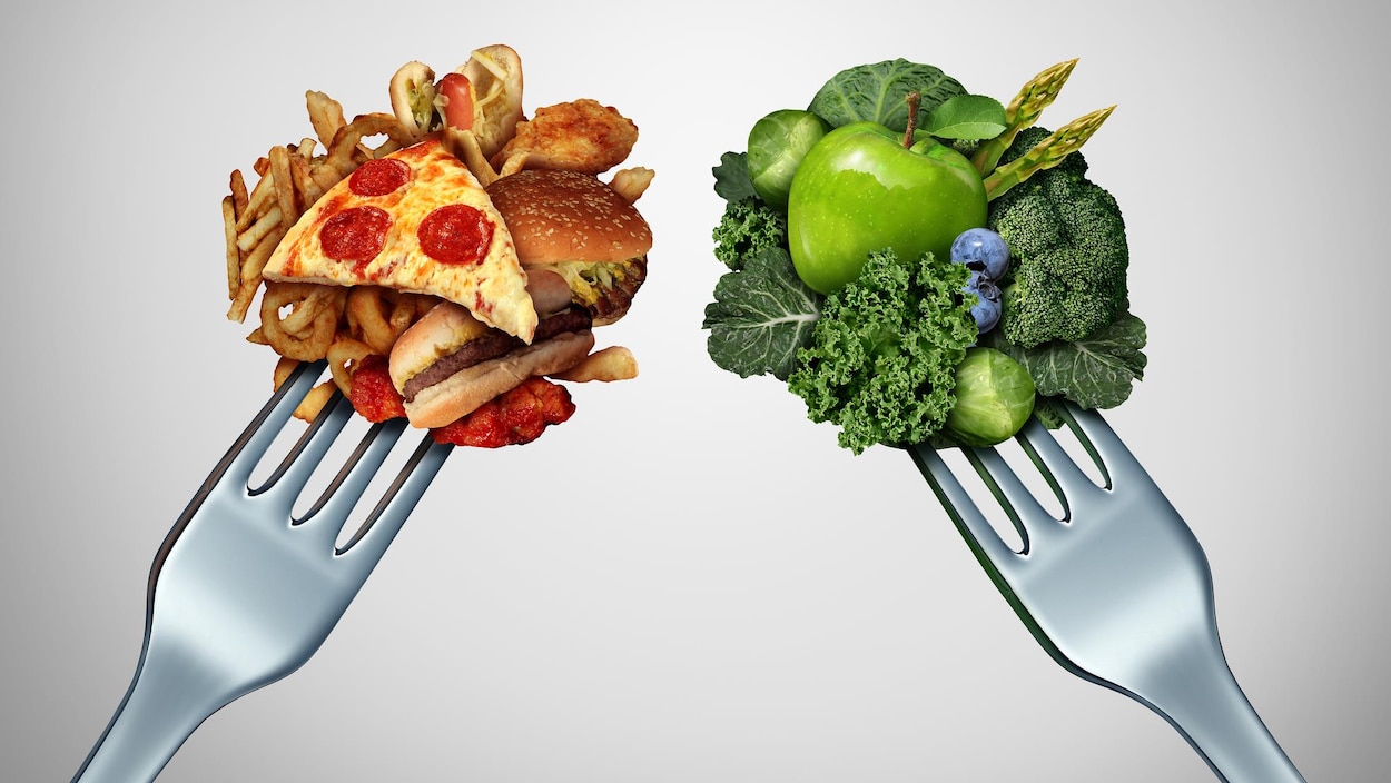 Deux fourchettes représentant la malbouffe vs les aliments frais