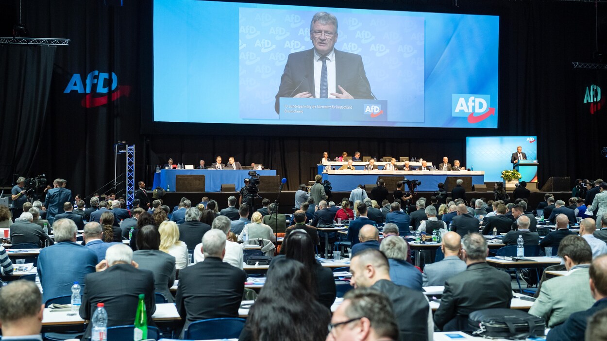 Une salle de congrès dans laquelle sont assis des délégués de l'AfD, avec en arrière-plan un écran géant où est présenté le discours d'un conférencier du parti d'extrême droite.