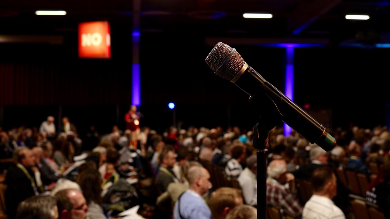 Un micro en premier plan et une foule en arrière plan