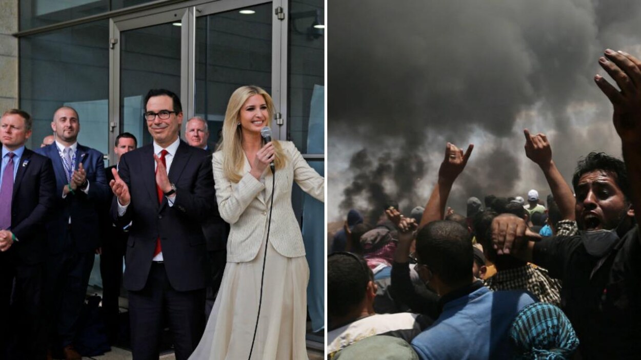 Les États-Unis inaugurent en grande pompe leur ambassade à Jérusalem le 14 mai 2018 (à gauche), pendant que des milliers de Palestiniens manifestent à la frontière entre la bande de Gaza et Israël (à droite).