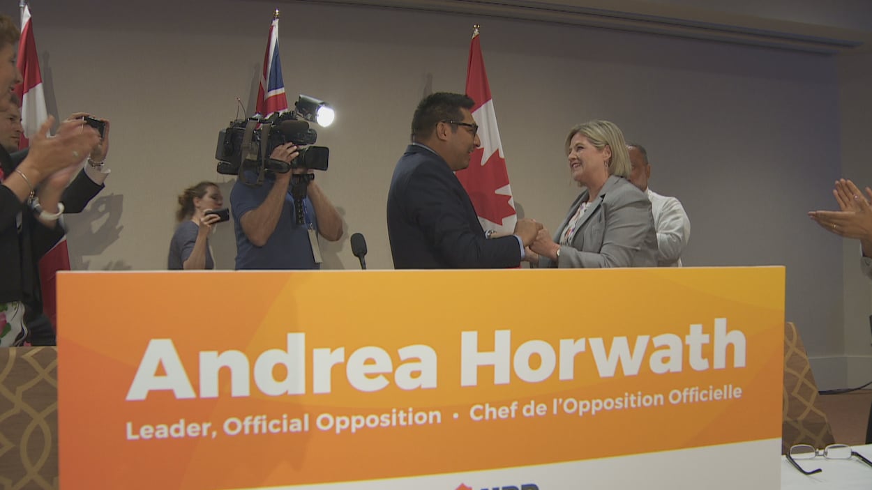 Andre Horwath et Sol Mamakwa sont debout face à face et se tiennent les mains, derrière une affiche avec le nom d'Andrea Horwath et son titre de chef de l'opposition officielle. Andre Horwath et Sol Mamakwa sont debout face à face et se tiennent les mains, derrière une affiche avec le nom d'Andrea Horwath et son titre de chef de l'opposition officielle.