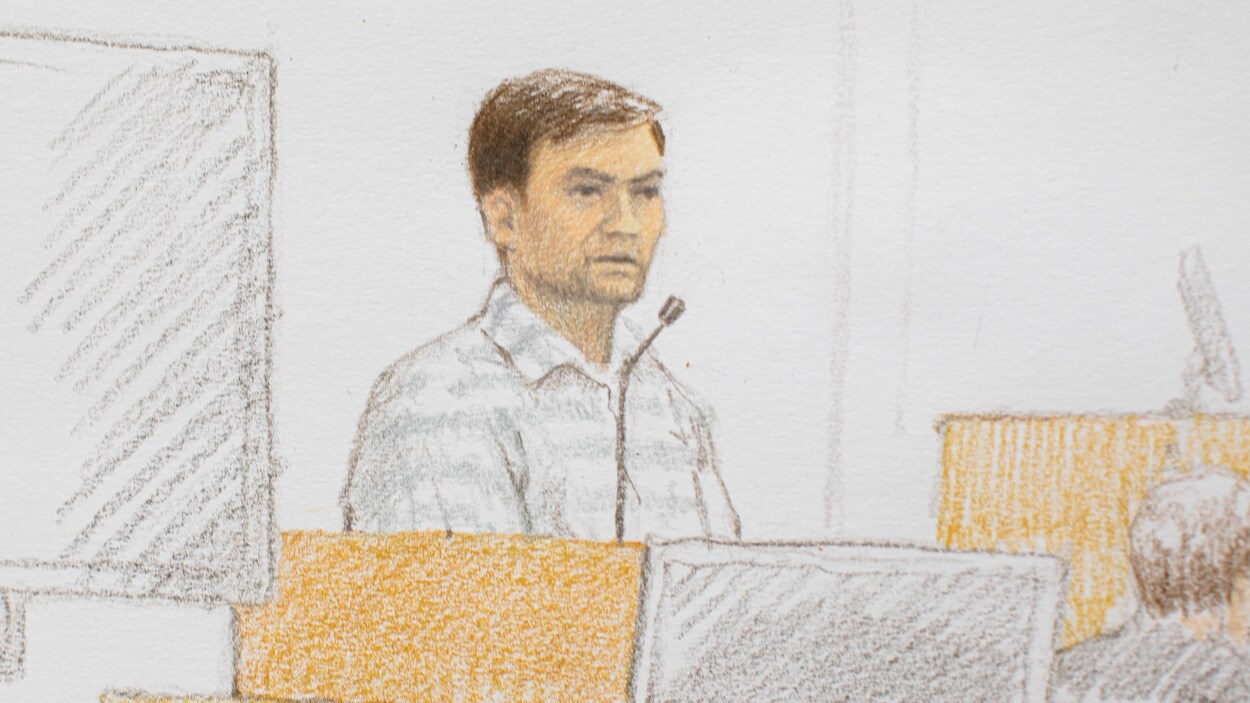 Croquis d’Andrew Berry sur le banc des accusés.