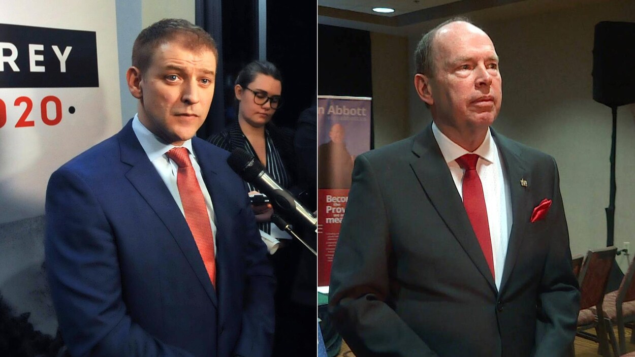 Montage photo des deux hommes politiques vêtus de complets et de cravate.