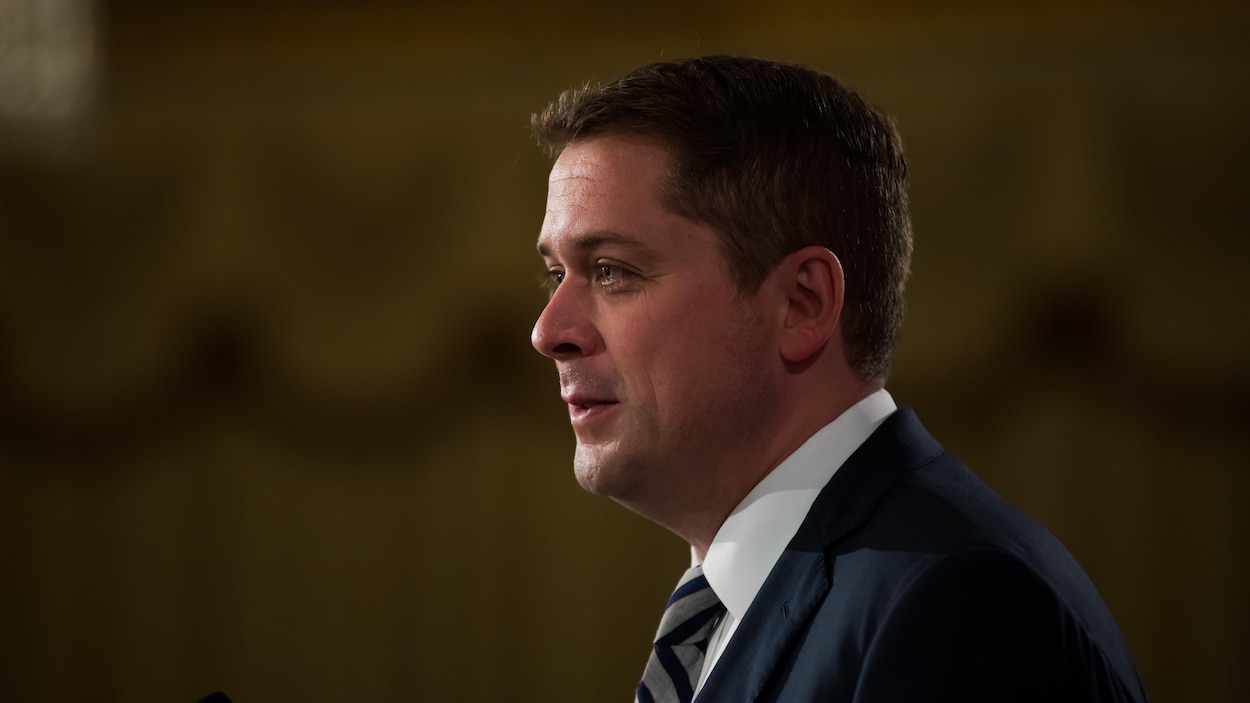 Portrait de Andrew Scheer en train de parler devant un micro.