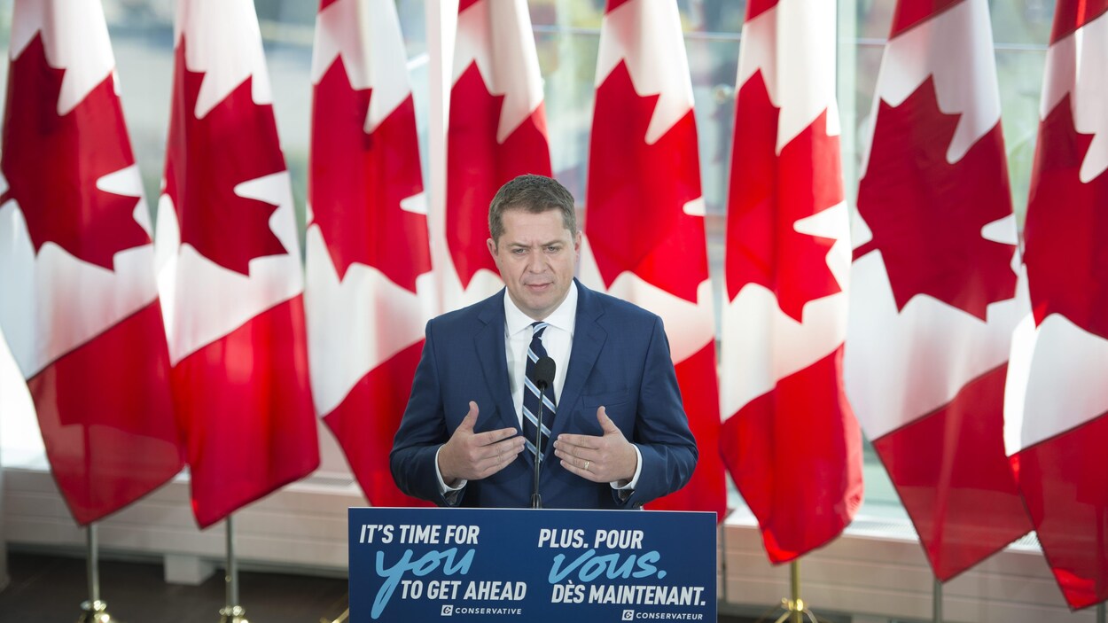 Andrew Scheer en conférence de presse, devant une rangée de drapeaux canadiens.