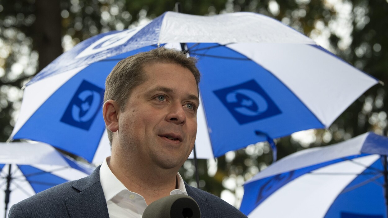 Andrew Scheer tient un point de presse sous la pluie. Derrière lui, se trouve une rangée de parapluies aux couleurs conservatrices.