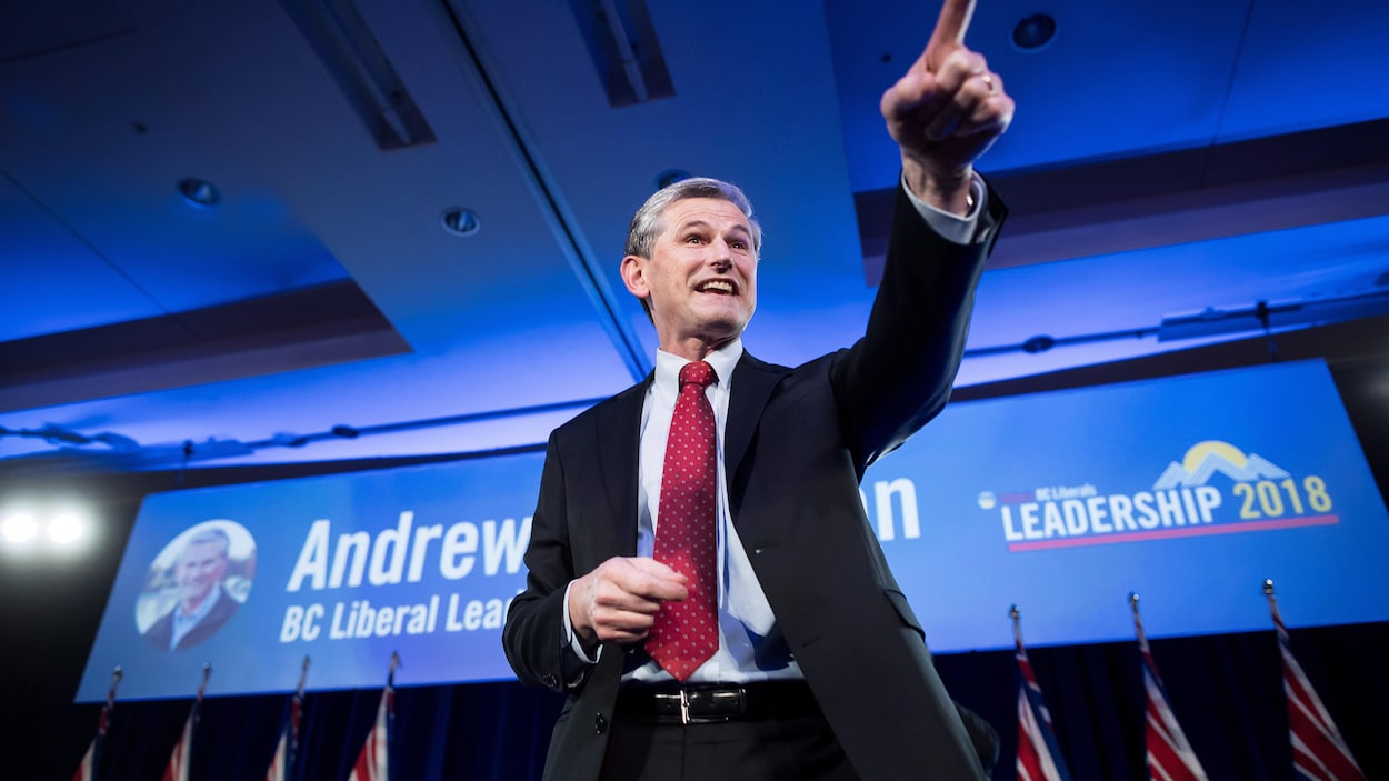 Andrew Wilkinson debout sur scène pointe son doigt vers la foule alors qu'en arrière-plan se trouvent des drapeaux de la Colombie-Britannique et son affiche de campagne à la direction du parti. Andrew Wilkinson debout sur scène pointe son doigt vers la foule alors qu'en arrière-plan se trouvent des drapeaux de la Colombie-Britannique et son affiche de campagne à la direction du parti.