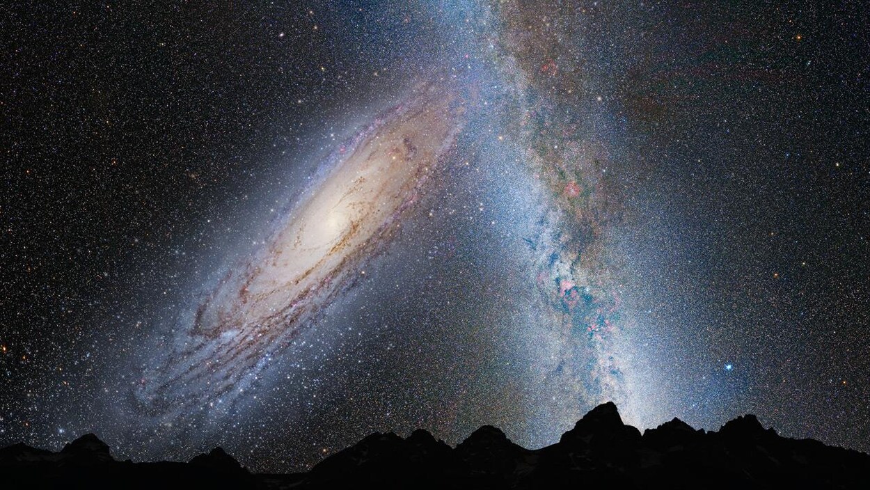 Illustration du spectacle de la rencontre d'Andromède (à gauche) et de la Voie lactée tel qu'il sera possible de l'apercevoir à partir de la Terre.