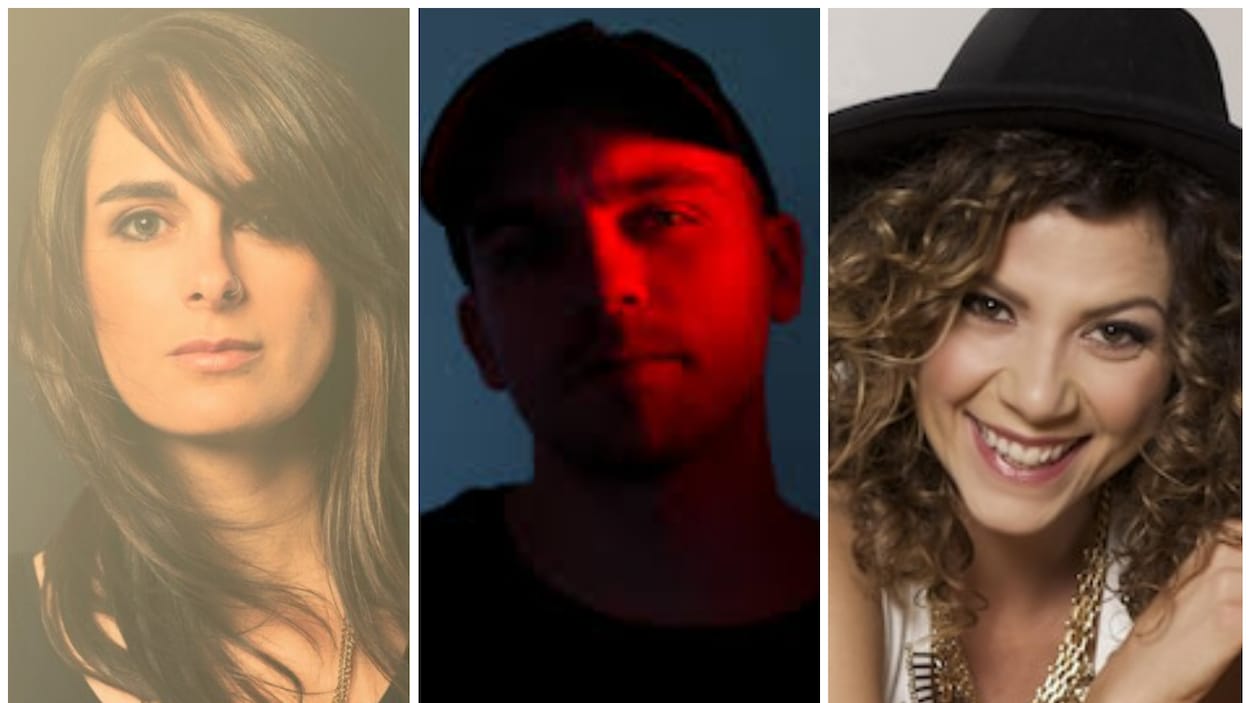Portraits officiels des artistes fransaskois Anique Granger, Shawn Jobin et Alexis Normand.