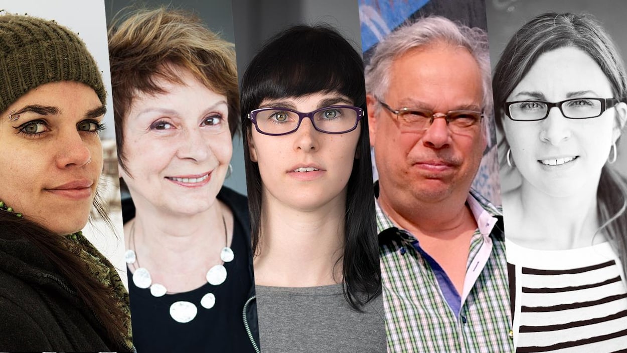 Montage photo des portraits des 5 finalistes du Prix de la nouvelle Radio-Canada 2019 : de gauche à droite Annie Rousseau, Fanny Fennec, Alex Thibodeau, Jacques Lemaire et Maude Poissant
