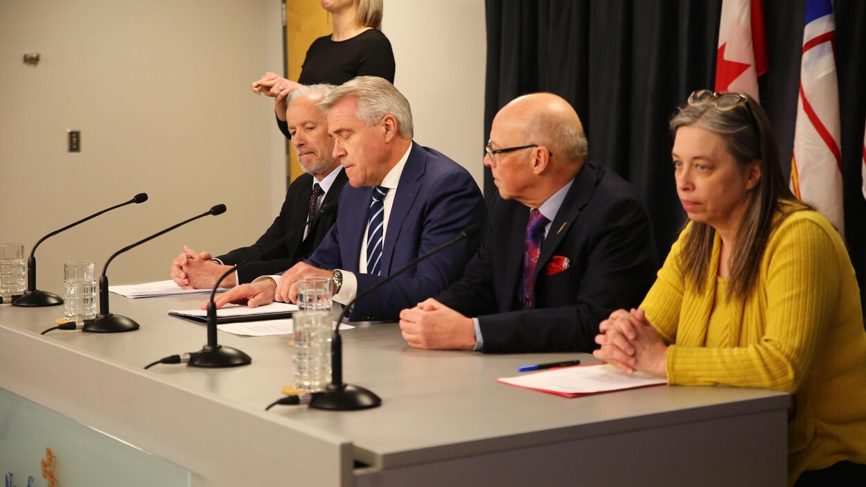 Dwight Ball et des ministres à une conférence de presse.