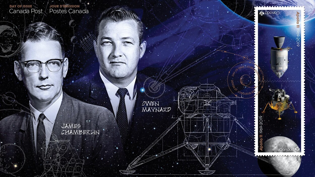 Le timbre présente des photos de James Chamberlin et Owen Maynard ainsi que les plans du module.