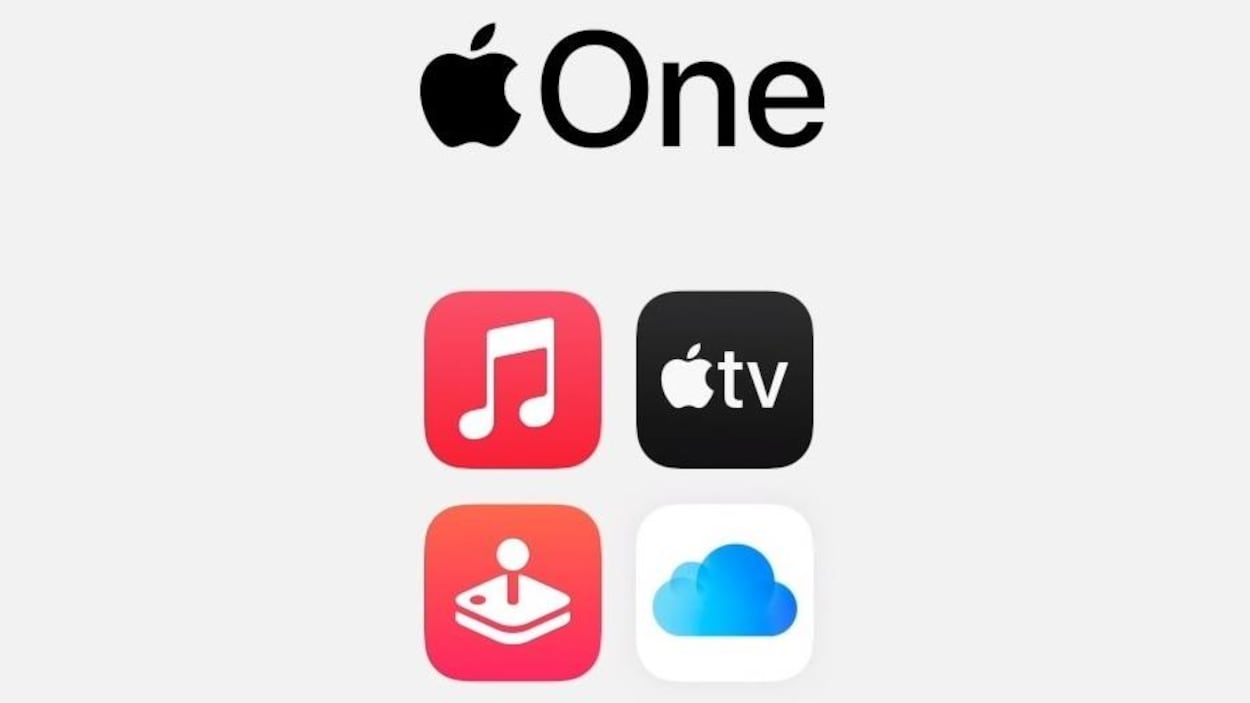 Le logo d'Apple One, un symbole de pomme suivi par le mot "One", suivi des logos d'applications Apple Music, Apple TV, Apple Arcade et iCloud.