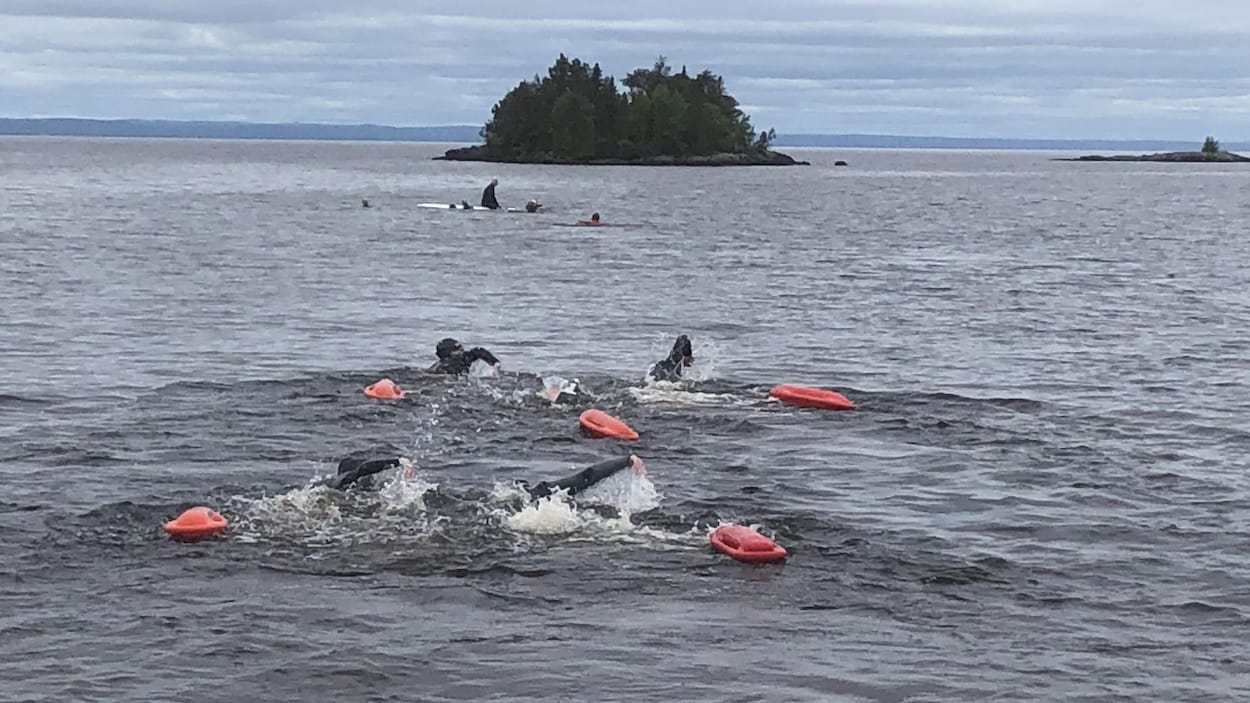 Quelques nageurs se déplacent dans un cours d'eau.