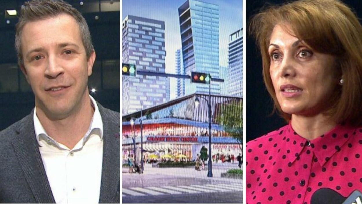 Un collage de trois photo. À gauche: un homme avec une chemise blanche et une veste grise. Au centre: une image de la proposition du nouvel aréna. À droite: une femme avec une chemise rose à poids noirs.