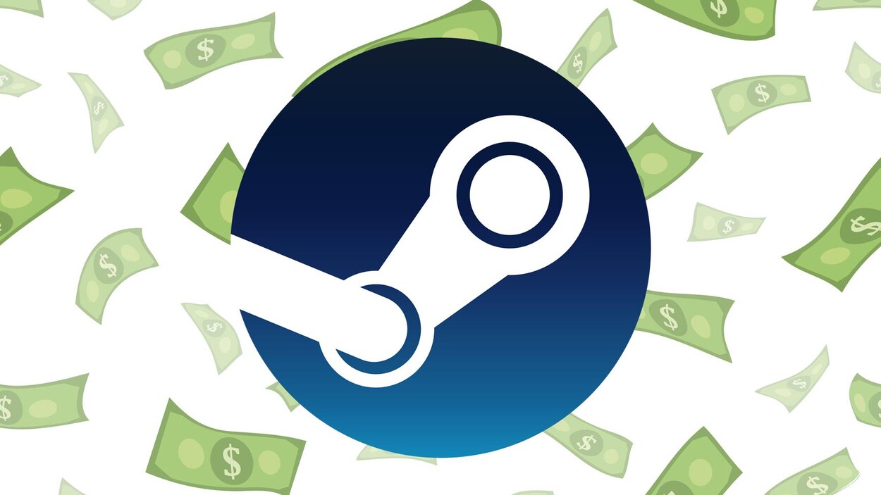 Le logo de Steam, représentant la bielle d'un moteur à vapeur, superposé à une image représentant une pluie de billets de banque. Le logo de Steam, représentant la bielle d'un moteur à vapeur, superposé à une image représentant une pluie de billets de banque.