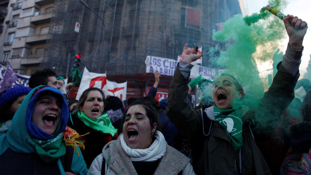 Des manifestantes pour l'avortement devant la chambre des députés qui a approuvé un projet de loi visant à légaliser l'IVG pendant les 14 premières semaines de grossesse. Des manifestantes pour l'avortement devant la chambre des députés qui a approuvé un projet de loi visant à légaliser l'IVG pendant les 14 premières semaines de grossesse.