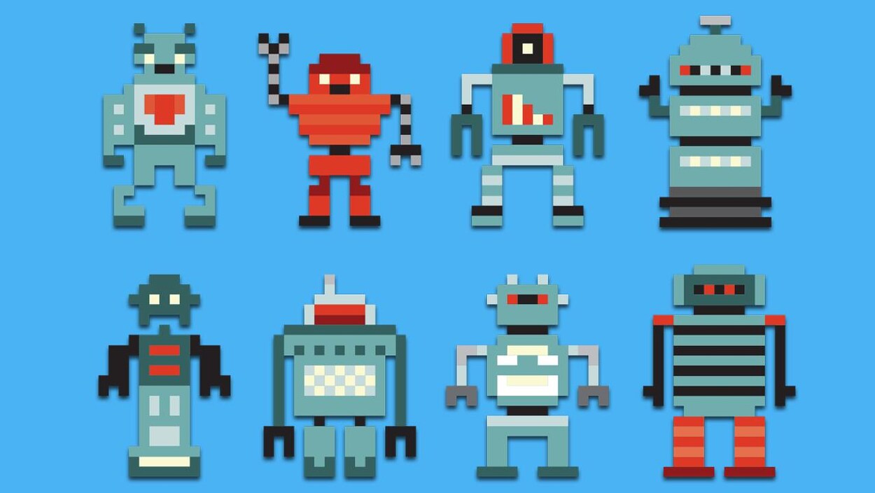 Nous voyons une illustration de huit robots style jeux vidéos. Nous voyons une illustration de huit robots style jeux vidéos.