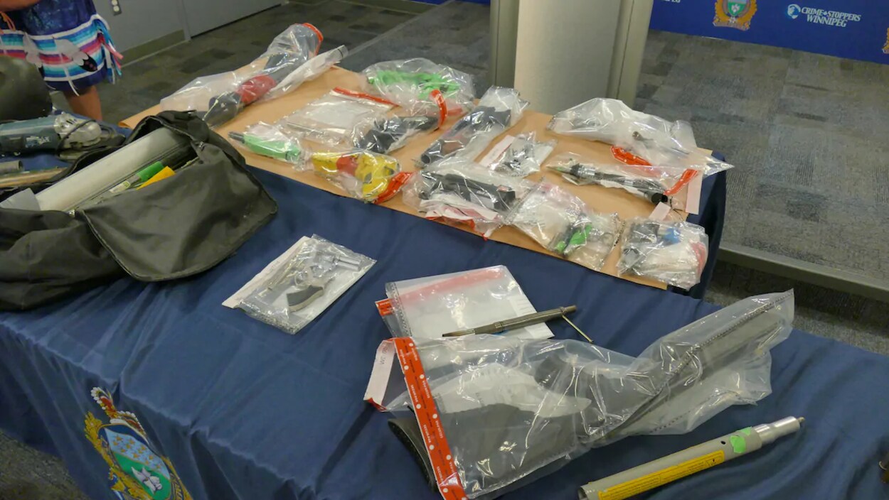 Des armes dans des sacs de plastique sont sur une table.