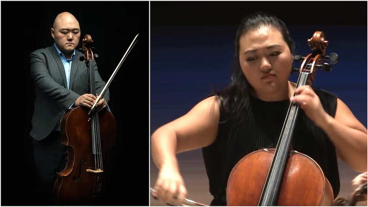 Arnold Choi et sa soeur Estelle, tenant chacun leur violoncelle. Arnold Choi et sa soeur Estelle, tenant chacun leur violoncelle.