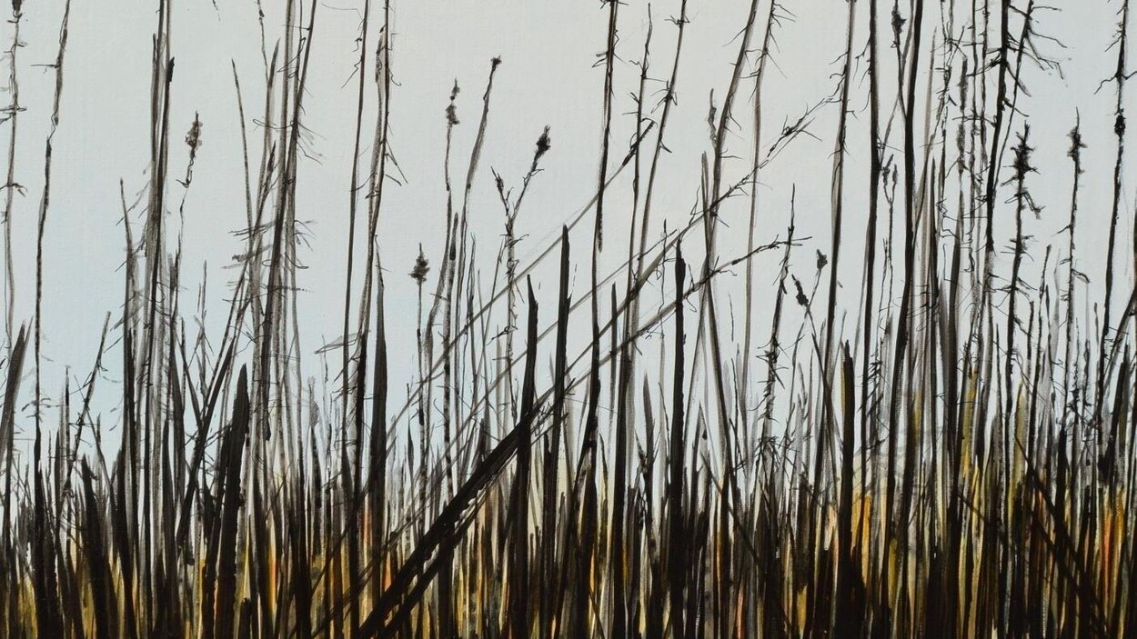Une peinture d'une scène forestière hivernale.