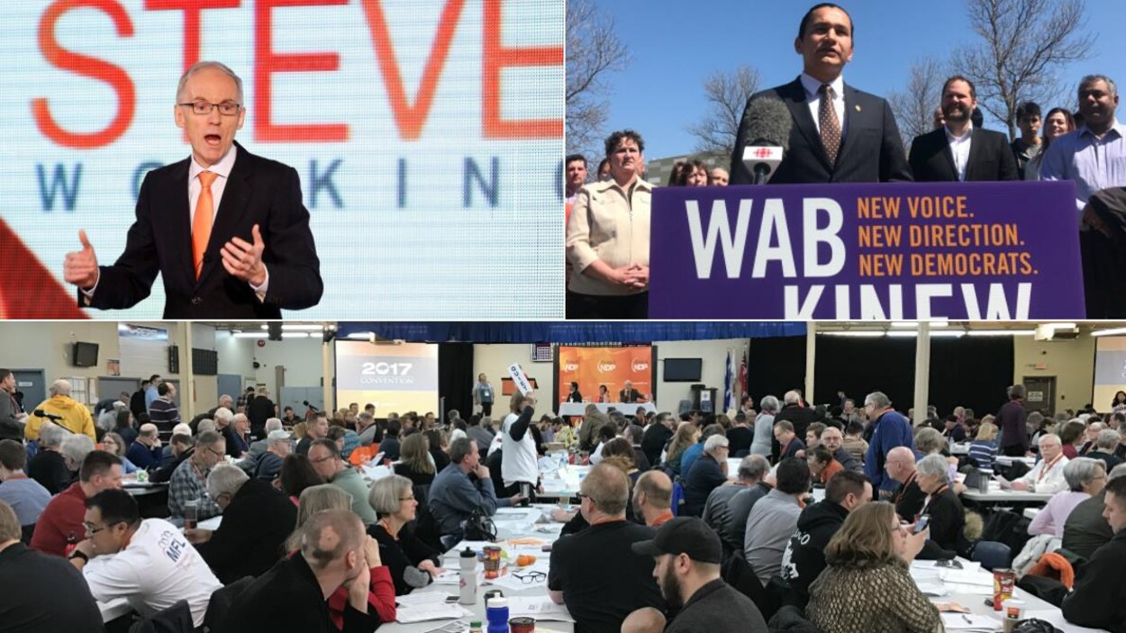 En haut : les candidats à la direction du NPD du Manitoba Steve Ashton (à g.) et Wab Kinew; en bas : délégués au dernier congrès annuel du NPD en mars 2017 En haut : les candidats à la direction du NPD du Manitoba Steve Ashton (à g.) et Wab Kinew; en bas : délégués au dernier congrès annuel du NPD en mars 2017