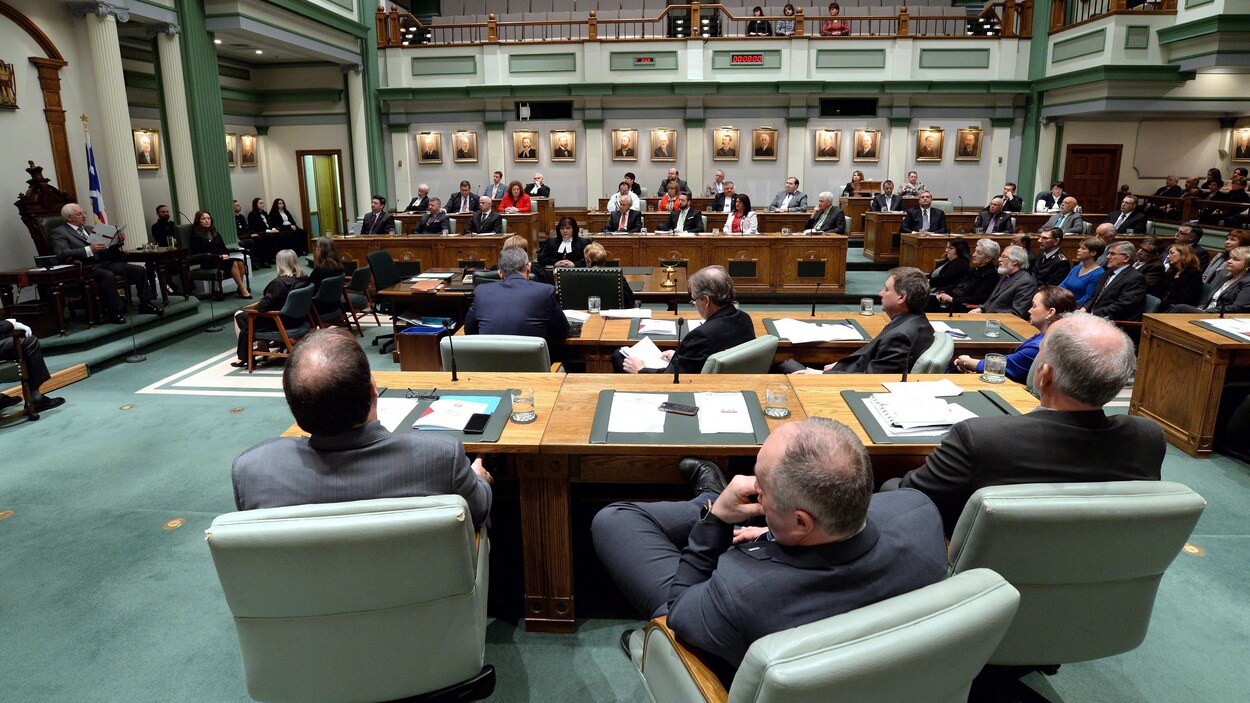 Des députés assis à l'Assemblée législative de Terre-Neuve-et-Labrador durant un discours du Trône.