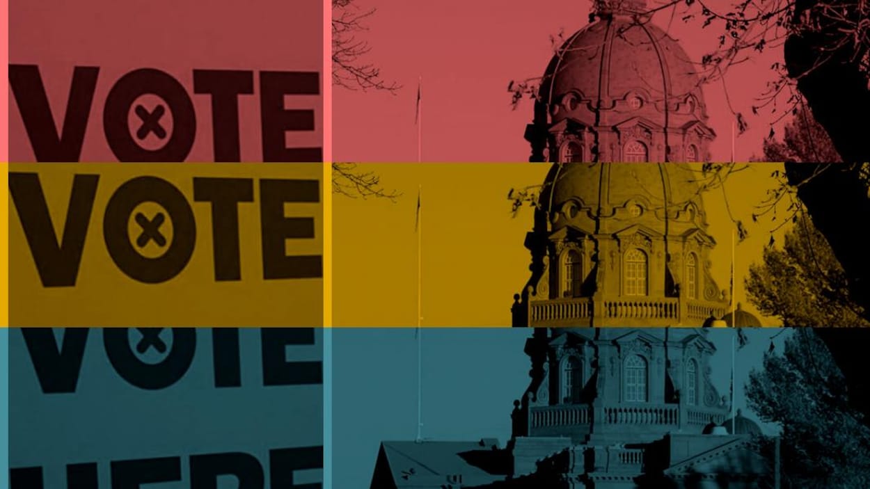 Un montage photo. À droite le bâtiment de l'Assemblée législative de l'Alberta. À gauche, il est inscrit «vote». L'image à trois couleurs: rouge, orange et bleu.