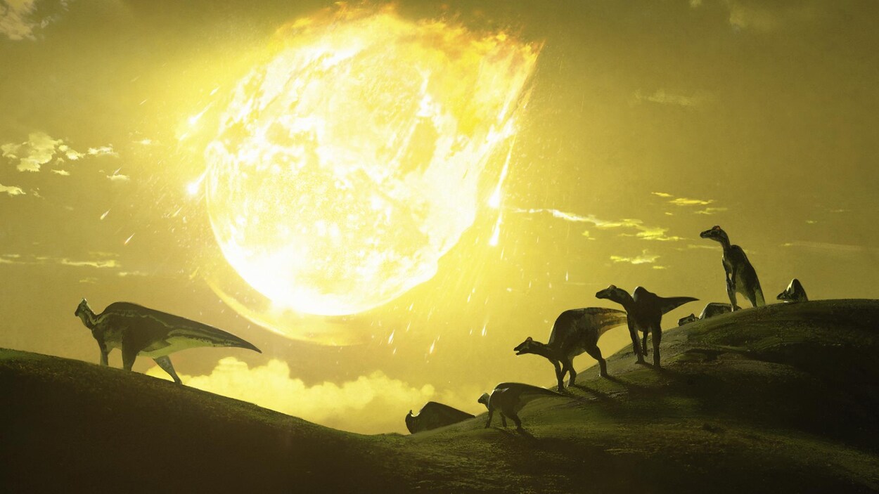 Illustration montrant une boule de feu tomber du ciel, derrière des dinosaures qui courent.