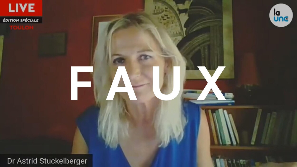 Astrid Stuckeberger regarde la caméra lors d'un appel Zoom. Le mot "FAUX" est superposé sur l'image.