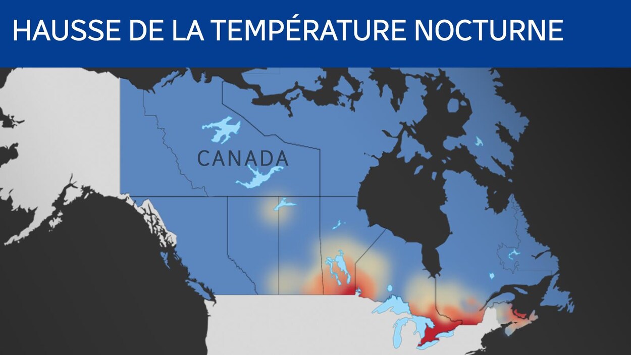 Une carte du Canada, où la plupart du pays est bleu, sauf la région des grands-lacs, le Saint-Laurent, et le sud du Manitoba, qui sont rouges.