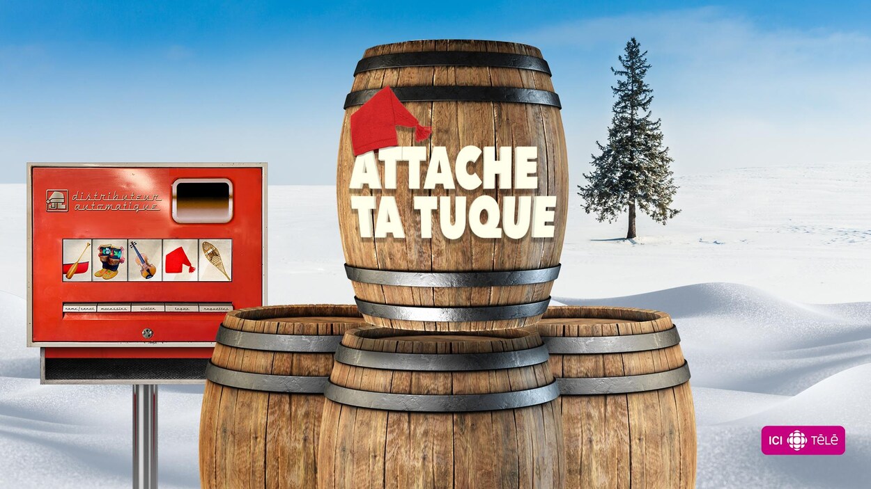 Une image montre des tonneaux dans un paysage hivernal avec les mots « Attache ta tuque».