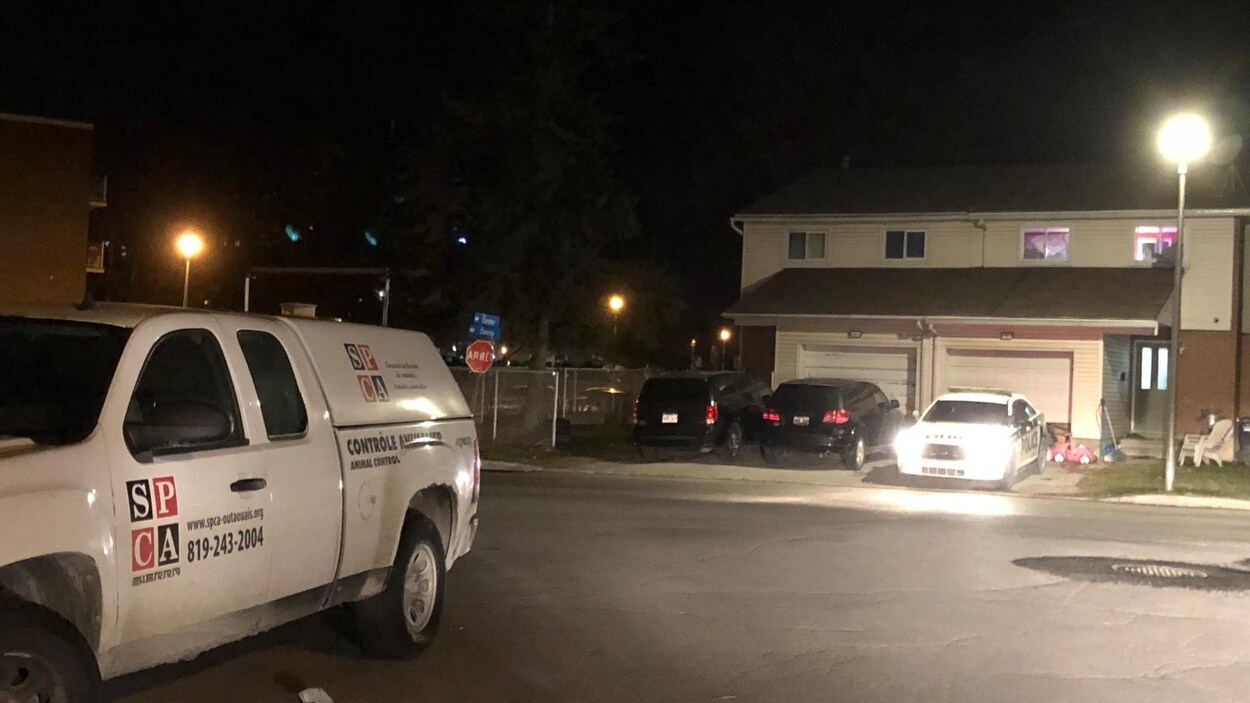 Un camion de la SPCA et une voiture de police stationnés devant une résidence.
