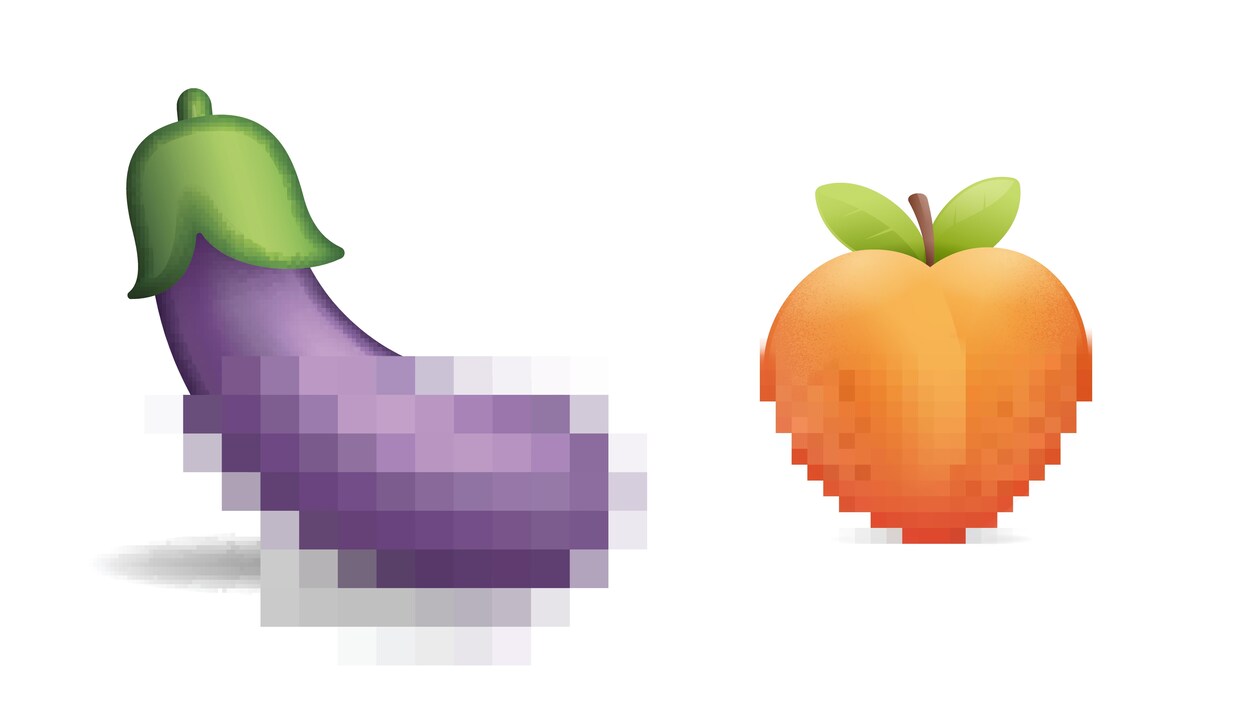 Les émojis d'aubergine et de pêche, brouillés.