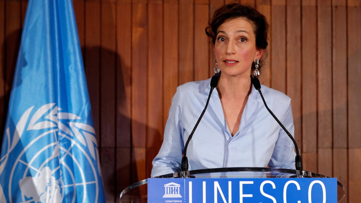 Audrey Azoulay parle aux médias au siège social de l'organisation, à Paris. Audrey Azoulay parle aux médias au siège social de l'organisation, à Paris.