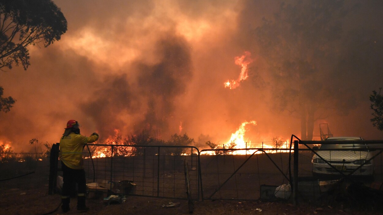 Un pompier observe des flammes.
