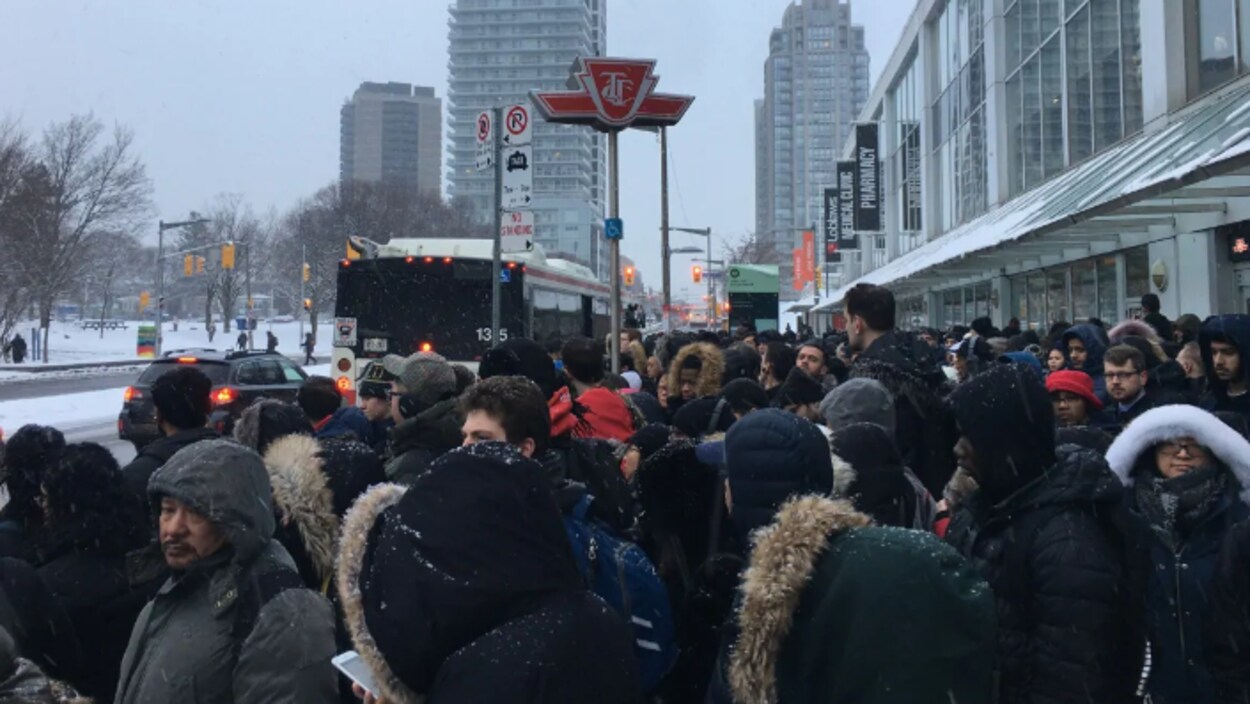 Des centaines de personnes sur le trottoir près d'un autobus.