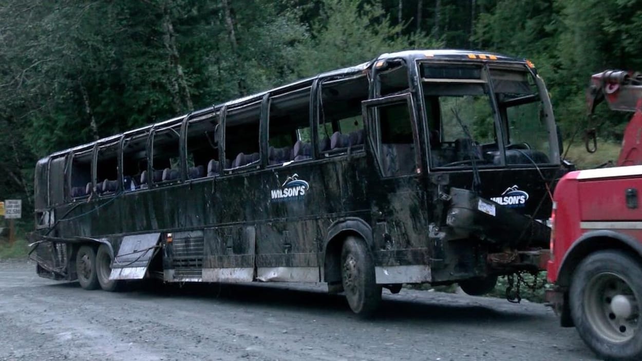 Un autocar abîmé est remorqué sur une route de terre battue.