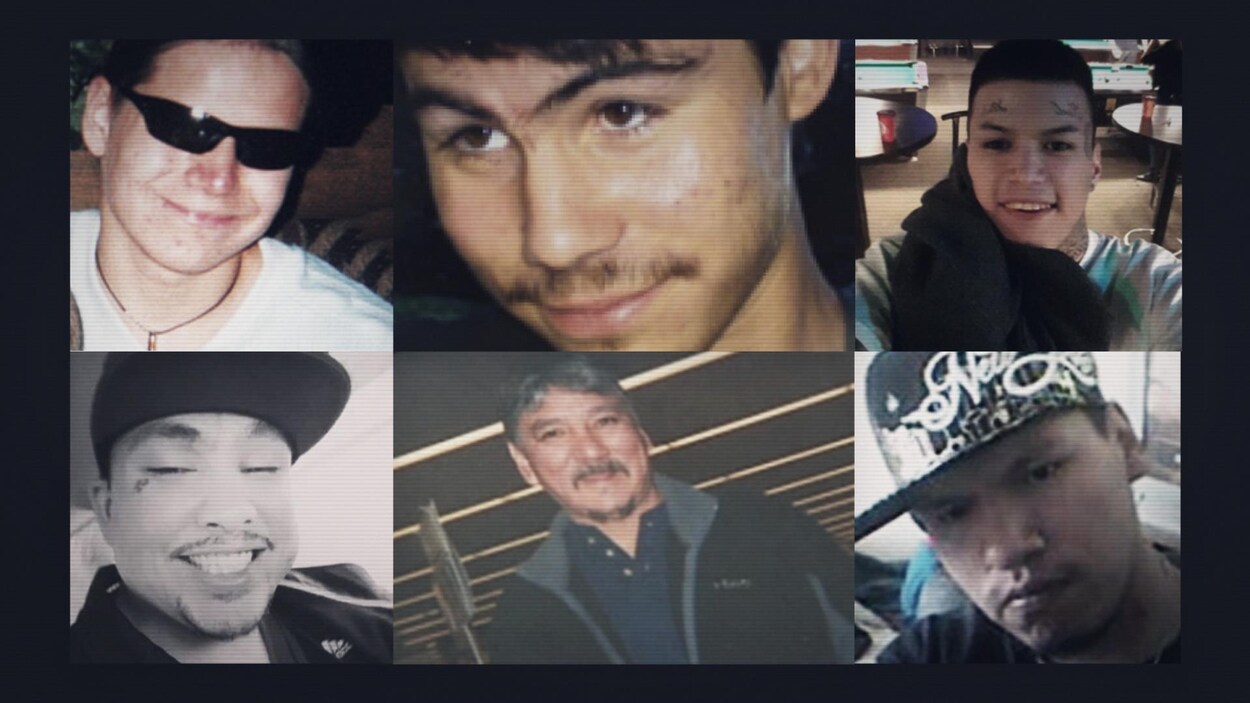 Une grille de six images, chacune d'un homme autochtone.
