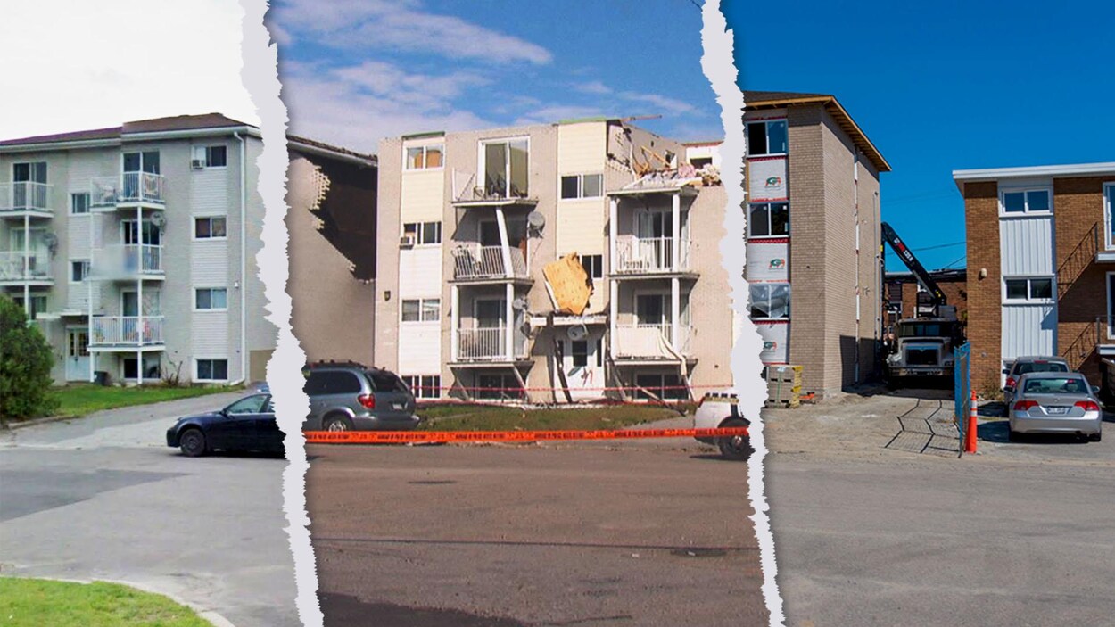 Une résidence avant, après et un an après le passage de la tornade.
