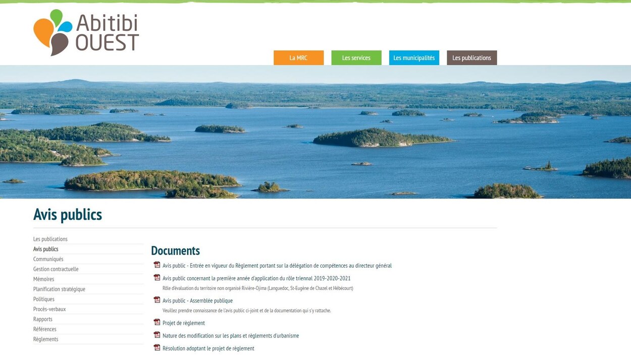 Photo du portail internet de la MRC d'Abitibi-Ouest où sont placés les avis publics.
